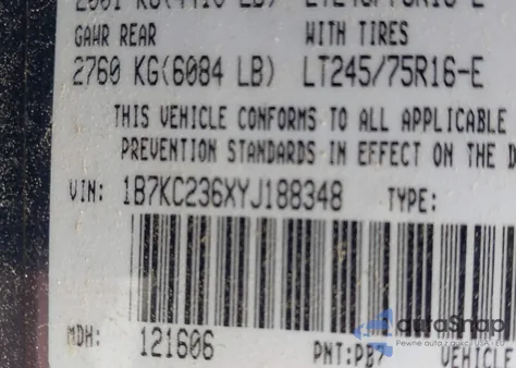 2000 Dodge Ram 2500 St z USA, uszkodzony, nr VIN 1B7KC236XYJ188348